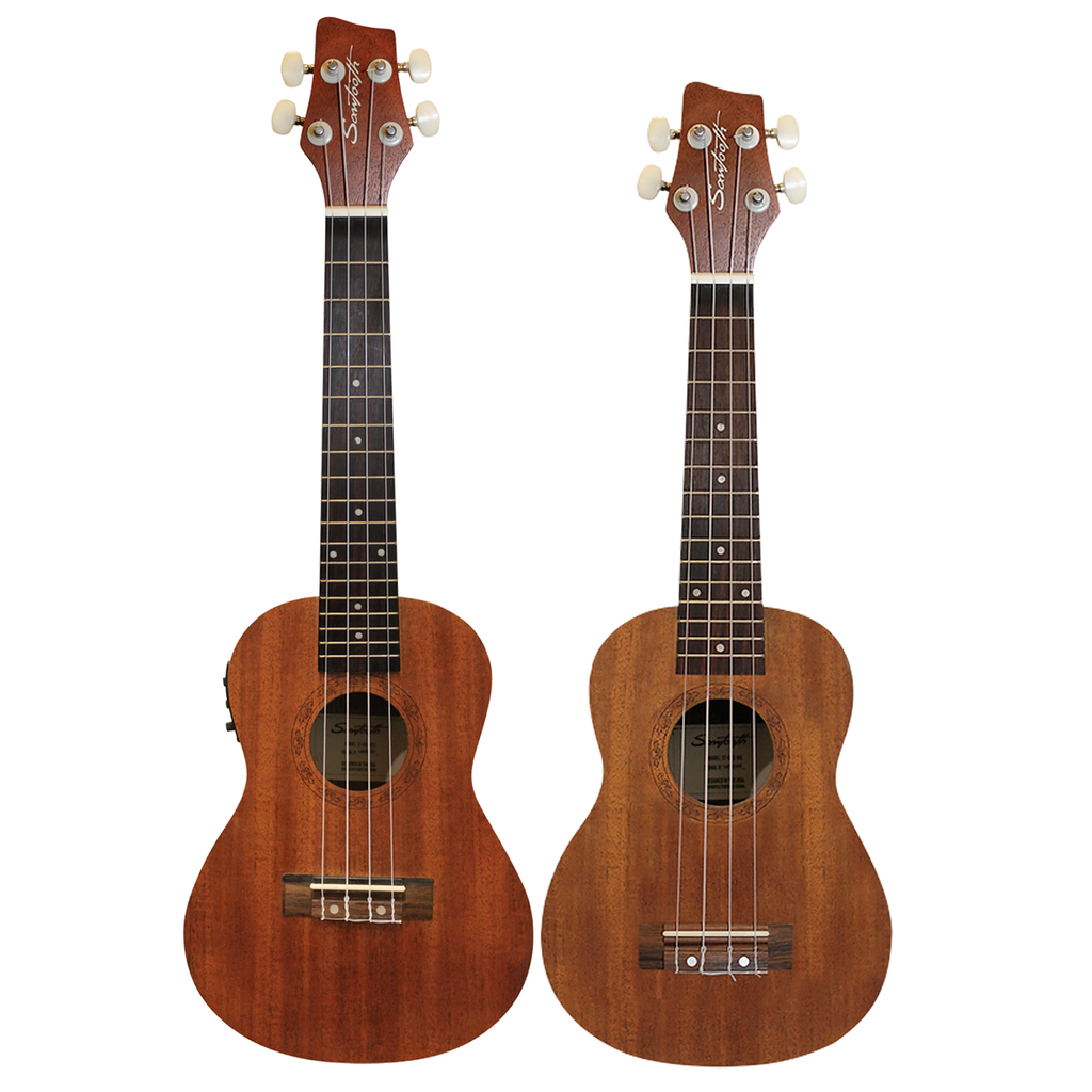 Sawtooth Mahogany Soprano (No Electronics) and Concert Electric Ukulele w Sawtooth Preamp/Built In Tuner 2 Pack - GoDpsMusic