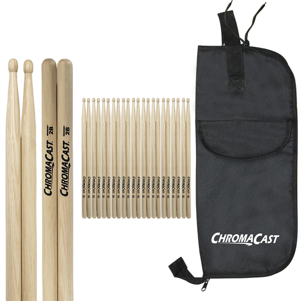 ChromaCast 2B USA Hickory Drumsticks, 12 Pairs with Drumstick Bag - GoDpsMusic
