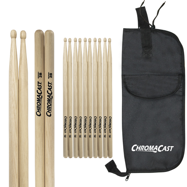 ChromaCast 2B USA Natural Hickory Drumsticks, 6 Pairs with Drumstick Bag - GoDpsMusic