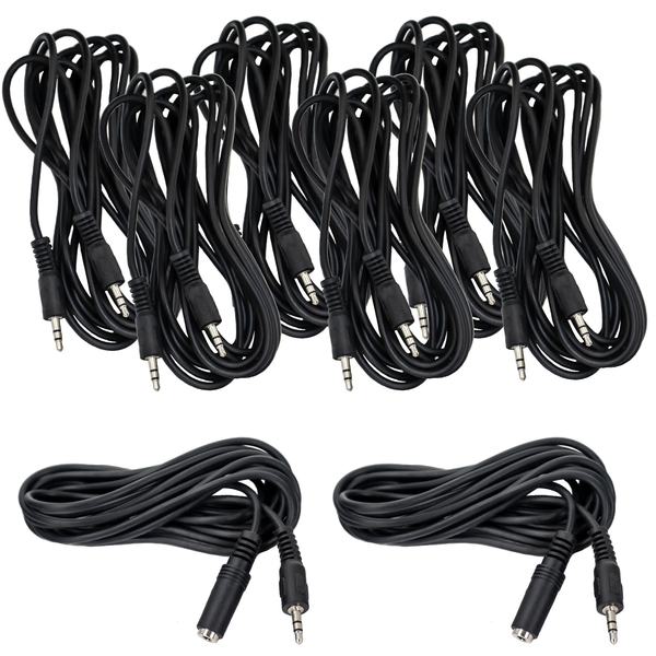 ChromaCast 8 Pack 3.5mm Black Rubber Aux Cables (2) 5ft Male to Male, (2) 10ft Male to Male, (2) 20ft Male to Male, 10ft Male to Female Extension, 20ft Male to Female Extension - GoDpsMusic