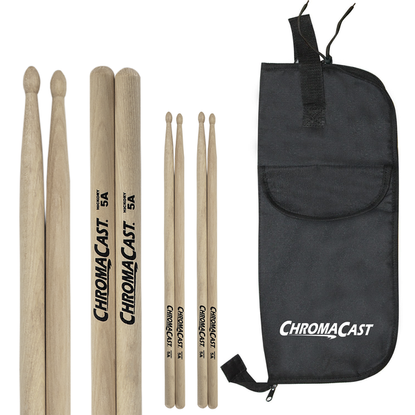 ChromaCast 5A USA Hickory Drumsticks, 3 Pairs with Drumstick Bag - GoDpsMusic