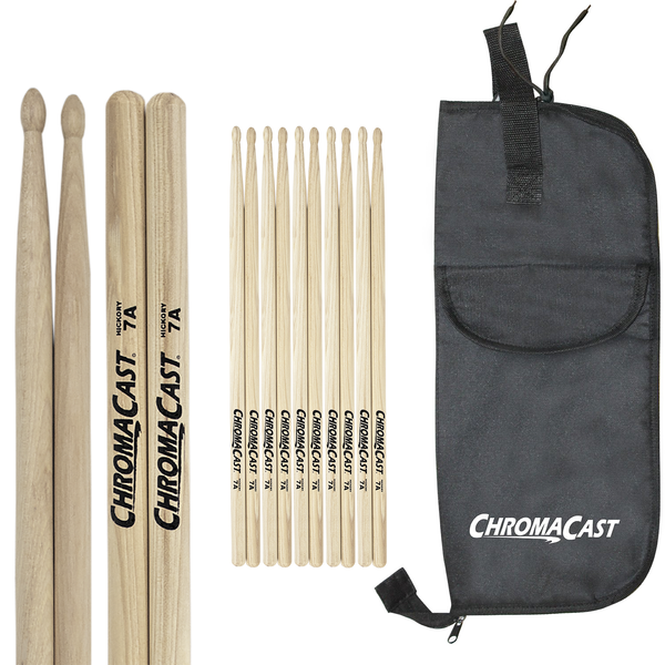 ChromaCast 7A USA Hickory Drumsticks, 6 Pairs with Drumstick Bag - GoDpsMusic