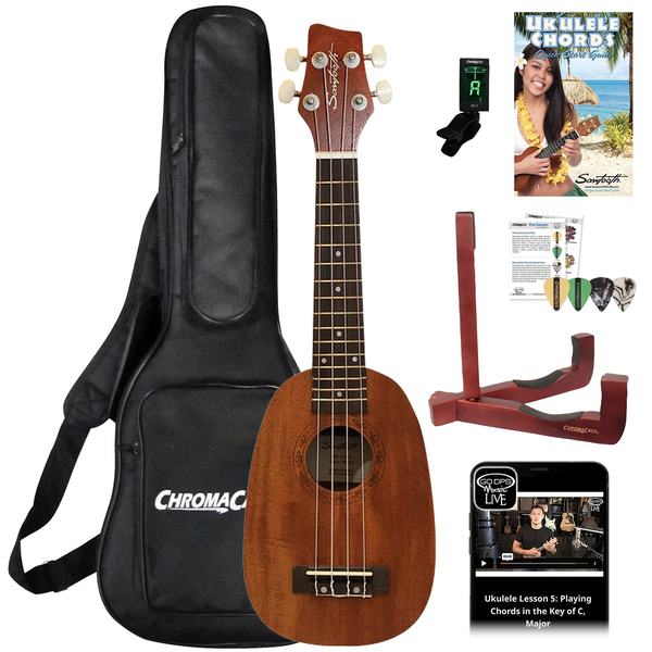 Sawtooth Pineapple Soprano Ukulele Mahogany 21 inch Ukelele Beginner Kit Online Lesson Padded Gig Bag Premium Wood Uke Stand Picks Quick Start Guide Ukulele Pack - GoDpsMusic