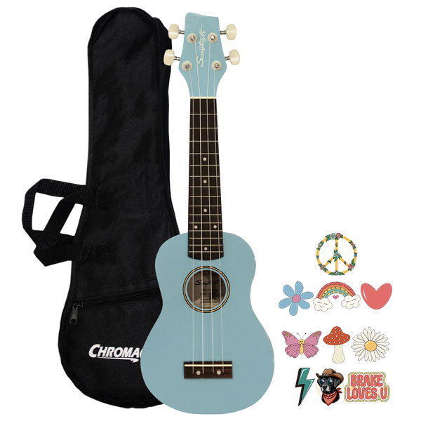 Autographed Sawtooth Daphne Blue Basswood Soprano Ukulele w Gig Bag and Official Brake Stickers - GoDpsMusic