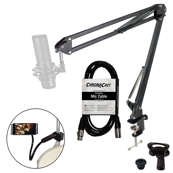 Chromacast Pro Series 28" Scissors Arm Adjustable Microphone Desk Mic Stand; Includes Mic Clip, Pop Filter & Phone/Tablet Holder - GoDpsMusic