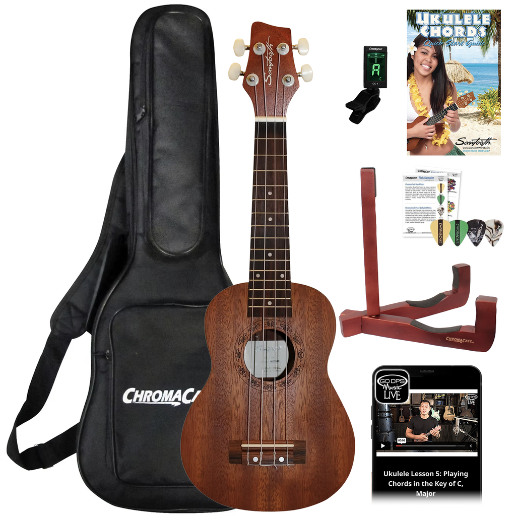 Sawtooth Soprano Ukulele Mahogany 21 inch Ukelele Beginner Kit Online Lesson Padded Gig Bag Premium Wood Uke Stand Picks Quick Start Guide Ukelele Pack - GoDpsMusic