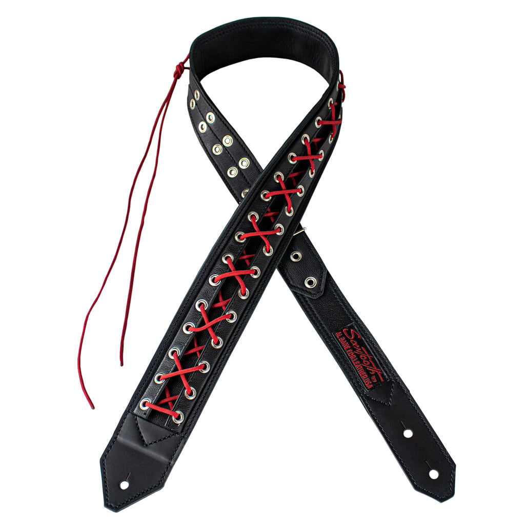 Sawtooth Red Lace 3” Wide Leather Guitar Strap Hand Crafted in the U.S.A. - GoDpsMusic