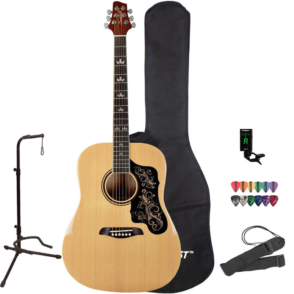 Sawtooth Acoustic Guitar with Custom Gold Design Black Pickguard - Includes: Accessories and Gig Bag - GoDpsMusic