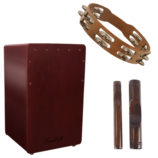 Sawtooth Mahogany Cajon w Clave and Tambourine