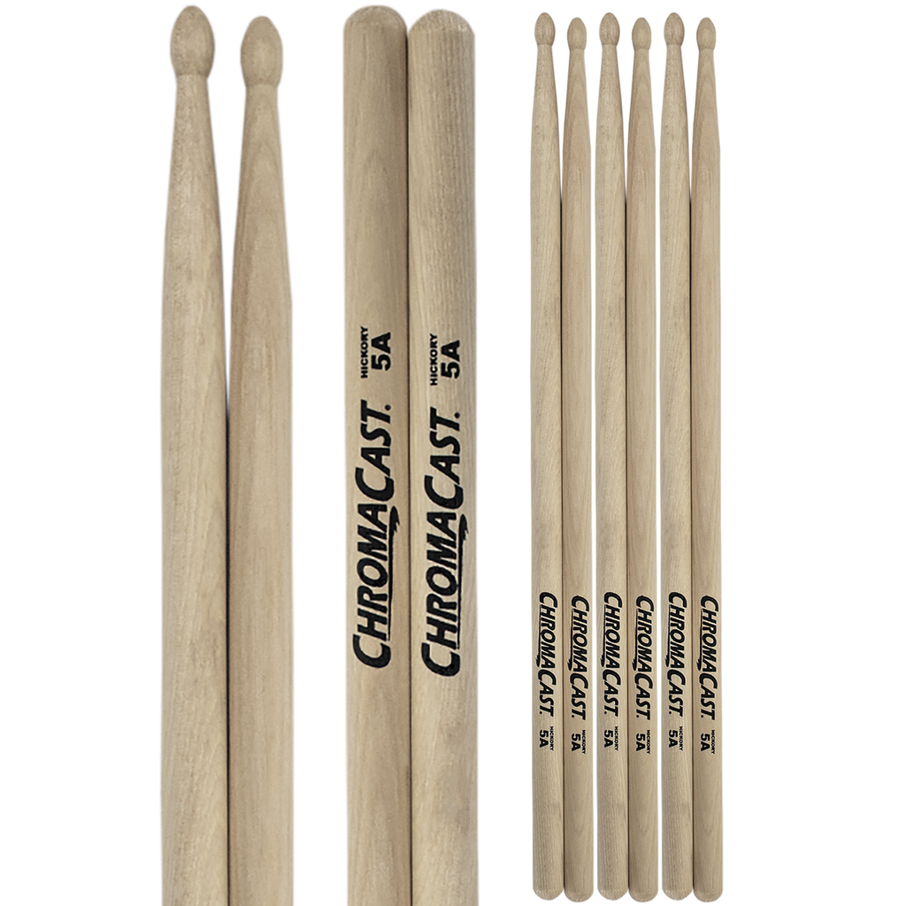 PRE SUMMER DEAL - ChromaCast 5A USA Made Hickory Drumsticks 4 Pairs - Wood Tipped - Drum Sticks Tour Tested by Pro Drummers - Real American Hickory Wood - GoDpsMusic