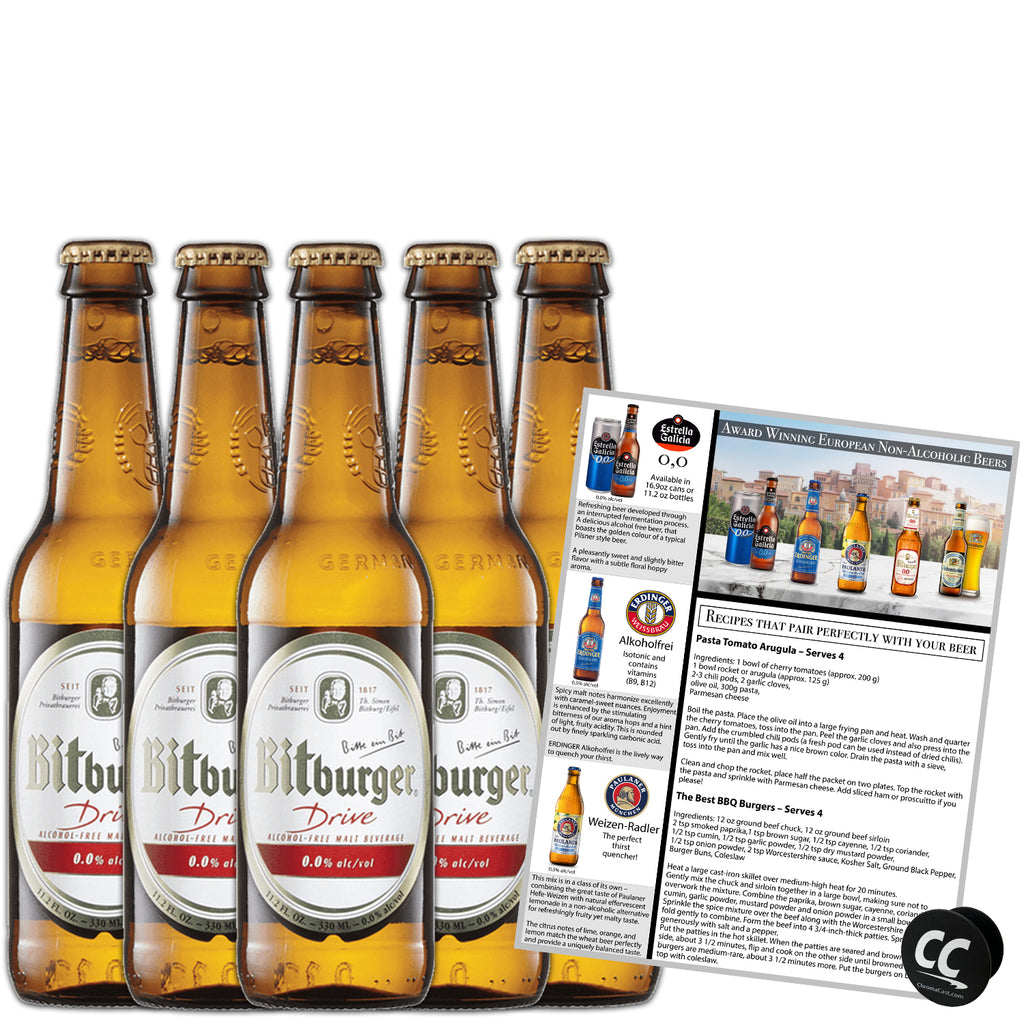 Bitburger Drive Non-Alcoholic Beer, Award Winning Beer from Germany, 11.2oz/btl w Phone/Tablet Holder & Recipes