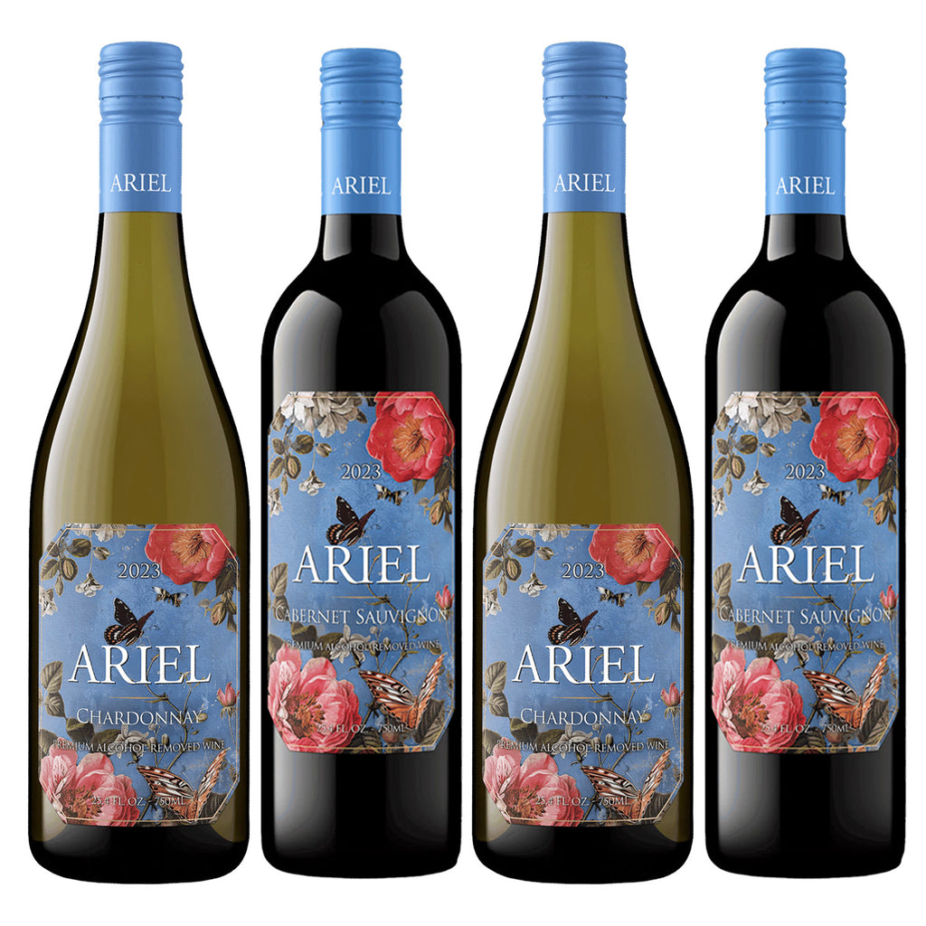 Ariel Cabernet & Chardonnay Non-Alcoholic Red & White Wine Experience Bundle with Chromacast Pop Socket, Seasonal Wine Pairings & Recipes, 4 Pack