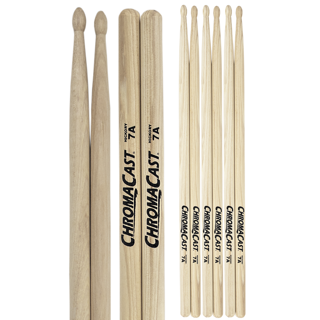 PRE SUMMER DEAL - ChromaCast 7A USA Made Hickory Drumsticks 4 Pairs - Wood Tipped - Drum Sticks Tour Tested by Pro Drummers - Real American Hickory Wood - GoDpsMusic