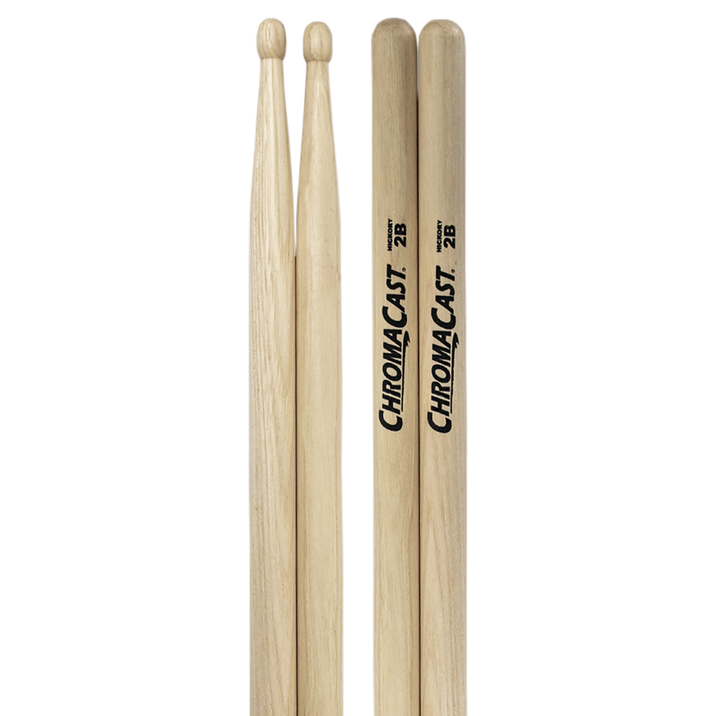 ChromaCast 2B USA Made Hickory Drumsticks Pair - Wood Tipped - Drum Sticks Tour Tested by Pro Drummers - Real American Hickory Wood - GoDpsMusic