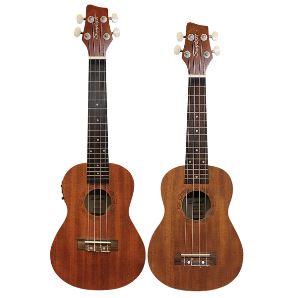 Sawtooth Mahogany Soprano (No Electronics) and Concert Electric Ukulele w Sawtooth Preamp/Built In Tuner 2 Pack