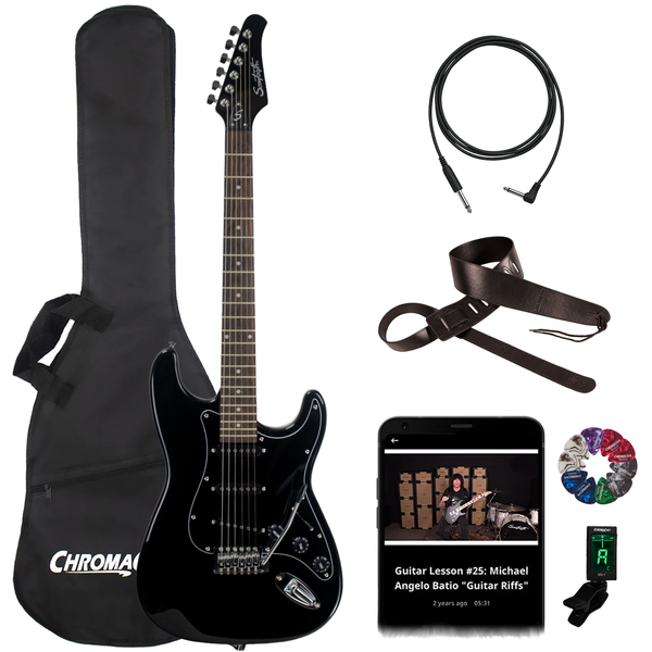 Sawtooth ES Series Black Electric Guitar w Black Pickguard with Accessories
