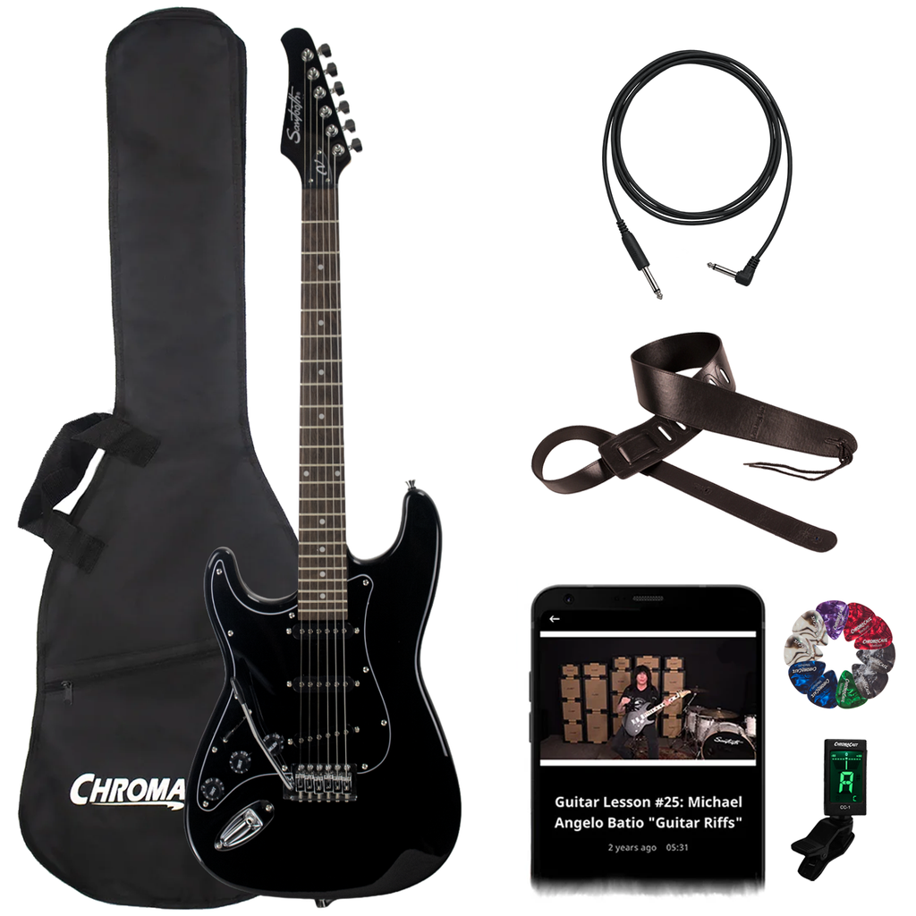 Sawtooth ES Series Left-Handed Black Electric Guitar w Black Pickguard with Accessories