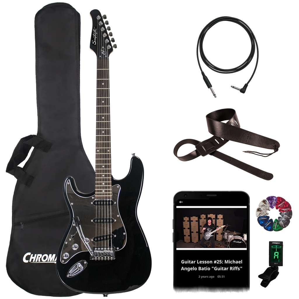 Sawtooth Left-Handed Black ES Series Electric Guitar w/ Chrome Pickguard w Accessories
