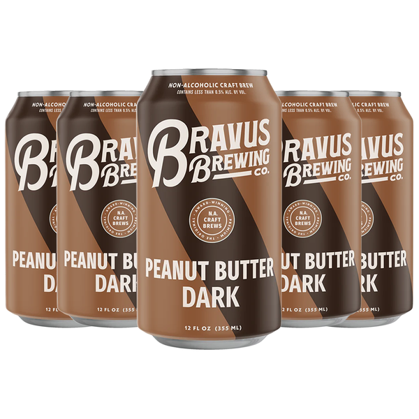 Bravus Peanut Butter Dark Non-Alcoholic Beer Stout-Style Craft Brew - Rich Blend of Roasted Peanuts, Hazelnuts, and Chocolate - Vegan-Friendly - 110 Calories