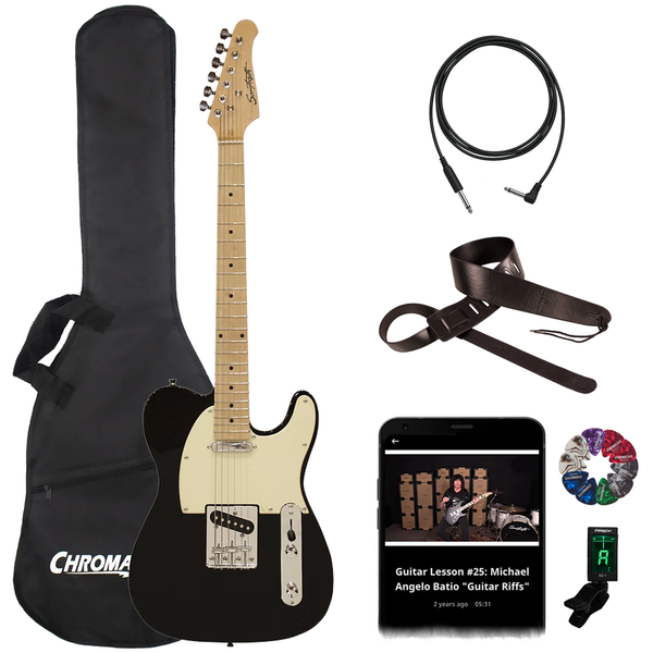 Sawtooth Black ET Series Electric Guitar w/ White Pickguard w Accessories
