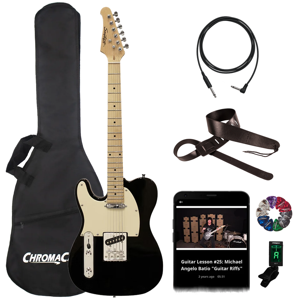 Sawtooth Left-Handed Black ET Series Electric Guitar w/ White Pickguard w Accessories