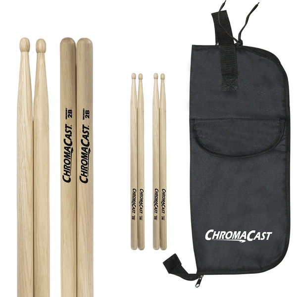 ChromaCast 2B USA Natural Hickory Drumsticks, 3 Pairs with Drumstick Bag