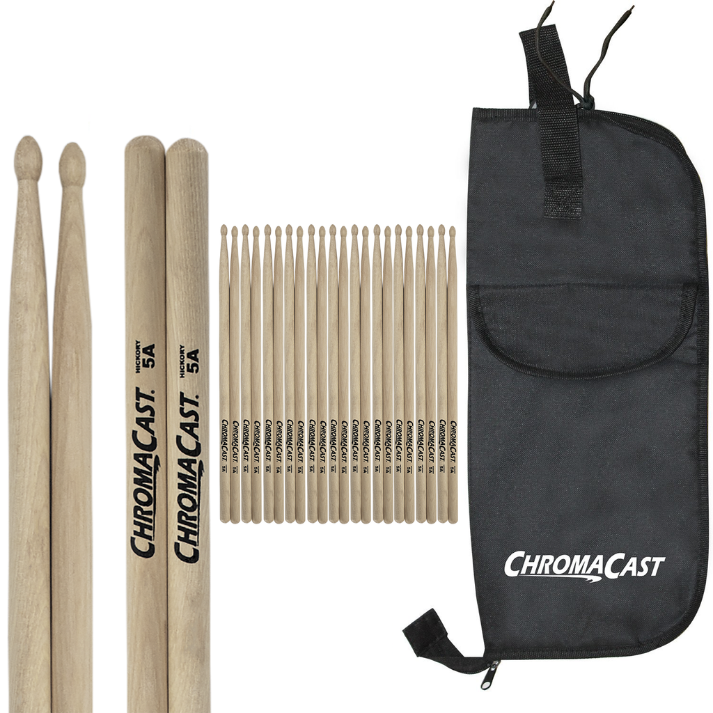 ChromaCast 5A USA Hickory Drumsticks, 12 Pairs with Drumstick Bag