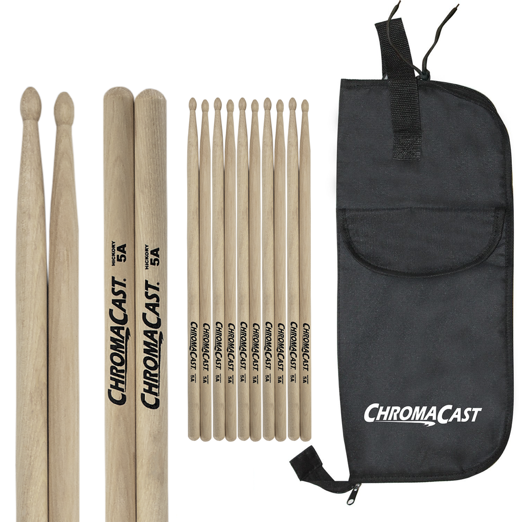 ChromaCast 5A USA Hickory Drumsticks, 6 Pairs with Drumstick Bag