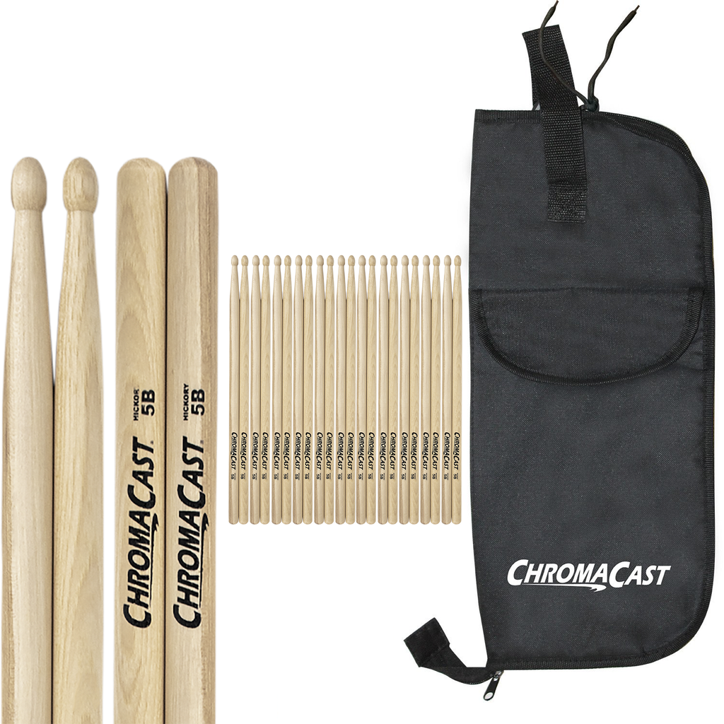 ChromaCast 5B USA Hickory Drumsticks, 12 Pairs with Drumstick Bag