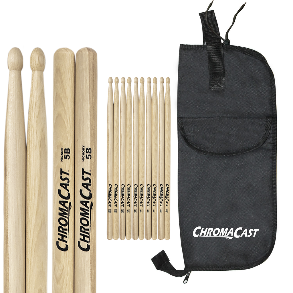 ChromaCast 5B USA Hickory Drumsticks, 6 Pairs with Drumstick Bag