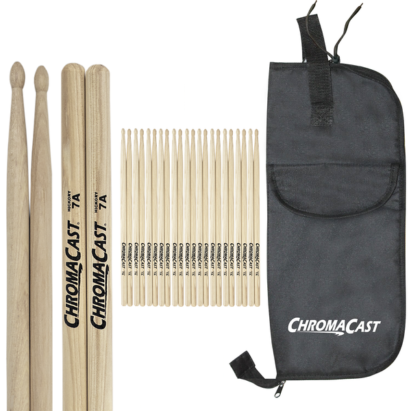 ChromaCast 7A USA Hickory Drumsticks, 12 Pairs with Drumstick Bag