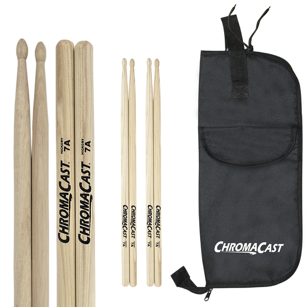 ChromaCast 7A USA Natural Hickory Drumsticks, 3 Pairs with Drumstick Bag