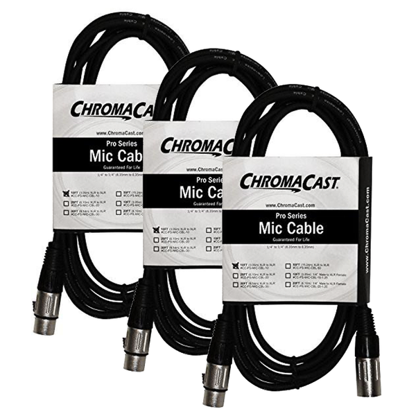 ChromaCast 3 Pack XLR Microphone Cable for Speaker or PA System, All Copper Conductors, 6MM PVC Jacket, 10 Foot, Black - GoDpsMusic