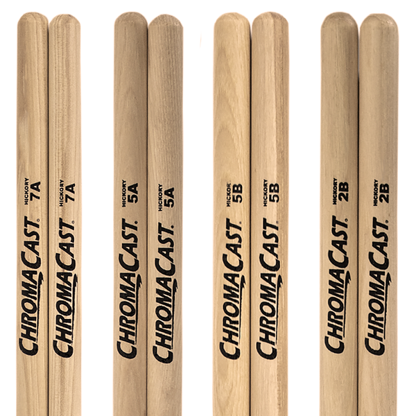 ChromaCast 5A, 5B, 7A & 2B Mixed Pack USA Made Hickory Drumsticks Pair - Wood Tipped - Drum Sticks Tour Tested by Pro Drummers - Real American Hickory Wood - GoDpsMusic