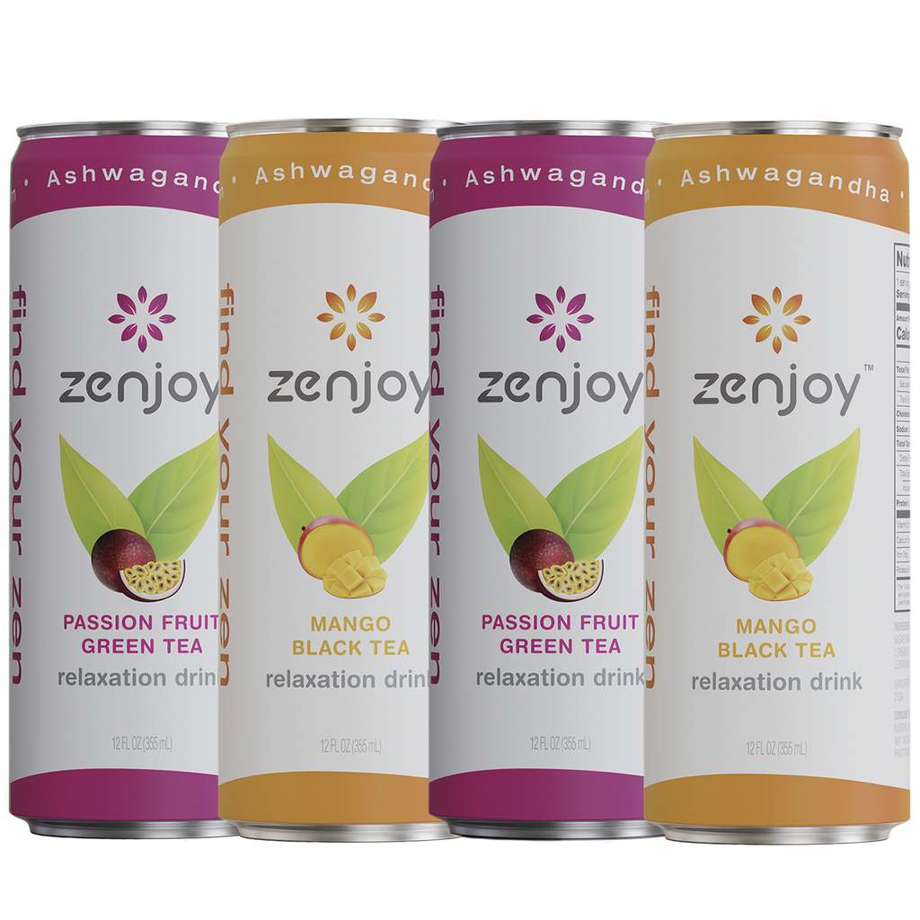 Zenjoy Passion Fruit Green Tea & Mango Black Tea Mixed 4 Pack - Calming Drink with Ashwa-gandha & Lemon Balm - Non-Alcoholic Beverage Infused with L-Theanine for Anxiety Relief and Enhanced Focus - 12oz Cans - GoDpsMusic