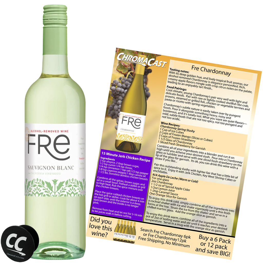 Sutter Home Fre Sauvignon Blanc Non-Alcoholic Wine, Experience Bundle with ChromaCast Pop Socket, Seasonal Wine Pairings & Recipes, 12/750ML - GoDpsMusic
