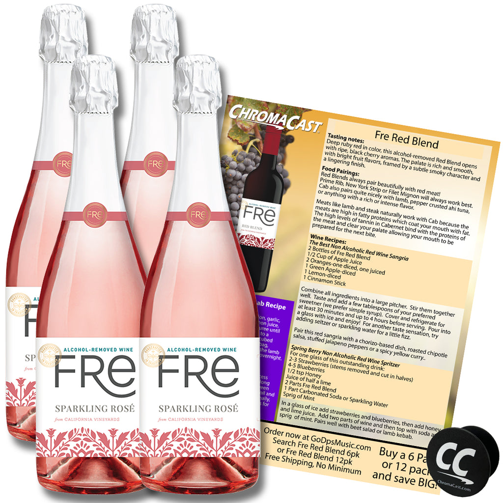 Sutter Home Fre Sparkling Rosé Non-Alcoholic Wine, Experience Bundle with ChromaCast Pop Socket, Seasonal Wine Pairings & Recipes, 12/750ML, 4-PACK - GoDpsMusic