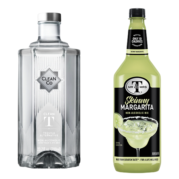 Clean Co Non-Alcoholic Tequila Alternative 700ml Bottle - | with Premium Quality Mr & Mrs T Skinny Margarita Mix, 1L Bottle