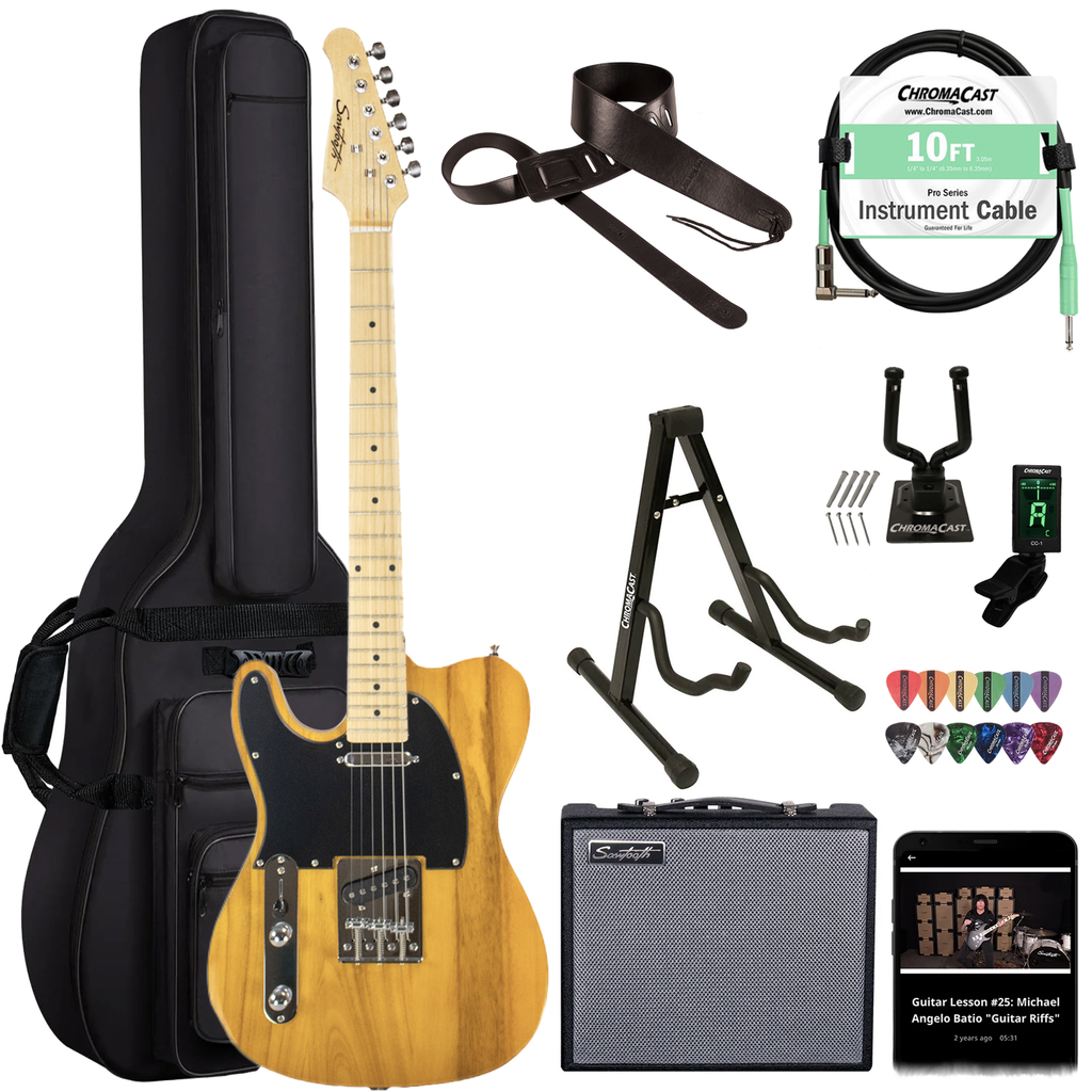 Sawtooth Left-Handed Butterscotch ET Series Electric Guitar w/ Black Pickguard - Includes: Accessories, Amp & Gig Bag