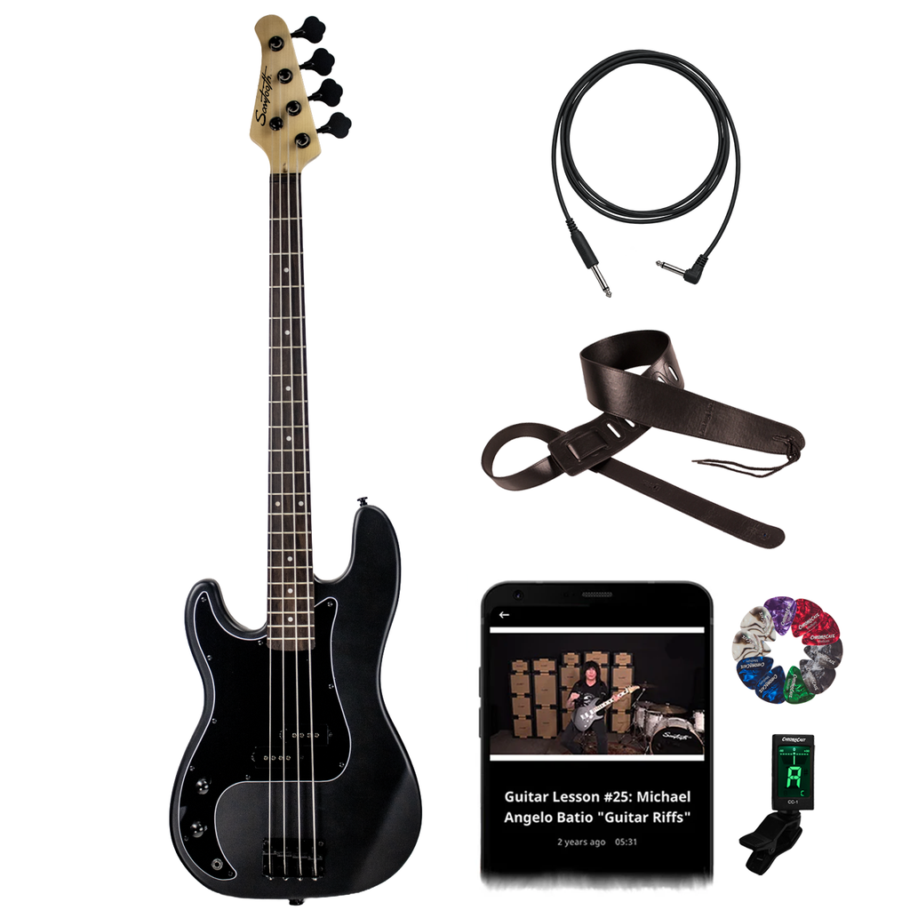 Sawtooth Left-Handed EP Series Electric Bass Guitar with Accessories, Satin Black
