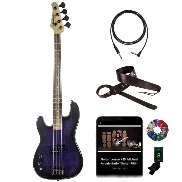 Sawtooth Left-Handed EP Series Electric Bass Guitar with Accessories, Transparent Purple