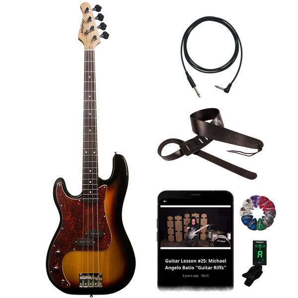 Sawtooth Left-Handed EP Series Electric Bass Guitar with Accessories, Vintage Burst w/ Tortoise Pickguard