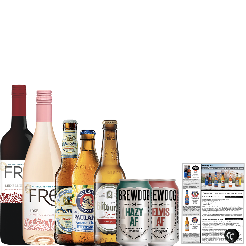 Non Alcoholic Beer and Wine 7 Pack Weihenstephaner, Paulaner, Bitburger Brewdog, Fre Rose and Red Blend Business & Holiday Gift Ideas Sampler Pack - GoDpsMusic