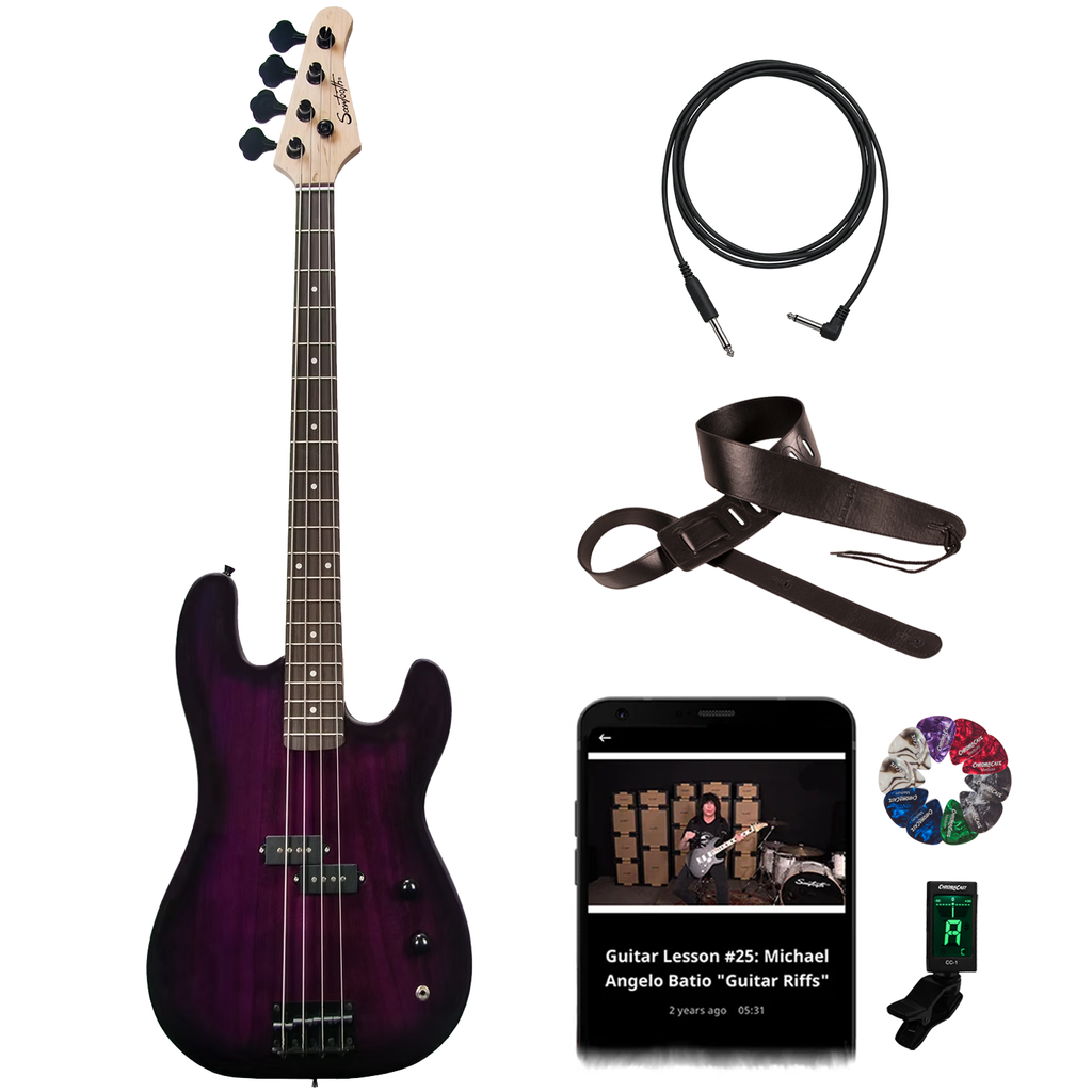 Sawtooth EP Series Electric Bass Guitar with Accessories, Transparent Purple