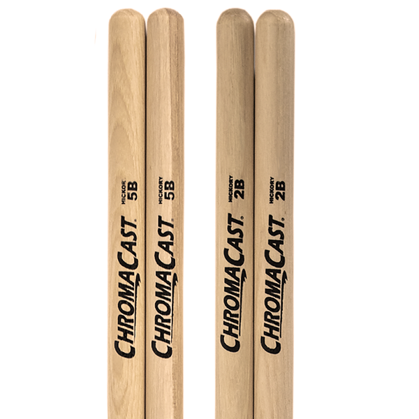 ChromaCast 2B & 5B USA Made Hickory Drumsticks Pair - Wood Tipped - Drum Sticks Tour Tested by Pro Drummers - Real American Hickory Wood - GoDpsMusic