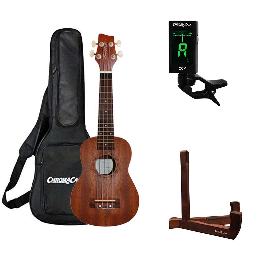 Sawtooth Mahogany Soprano Ukulele w Gig Bag, Wood Stand and Tuner