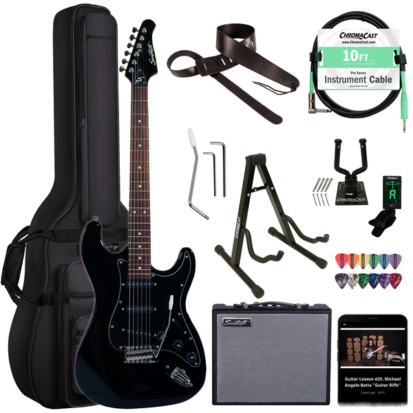 Sawtooth Black ES Series Electric Guitar w/ Black Pickguard - Includes: Accessories, Amp & Gig Bag