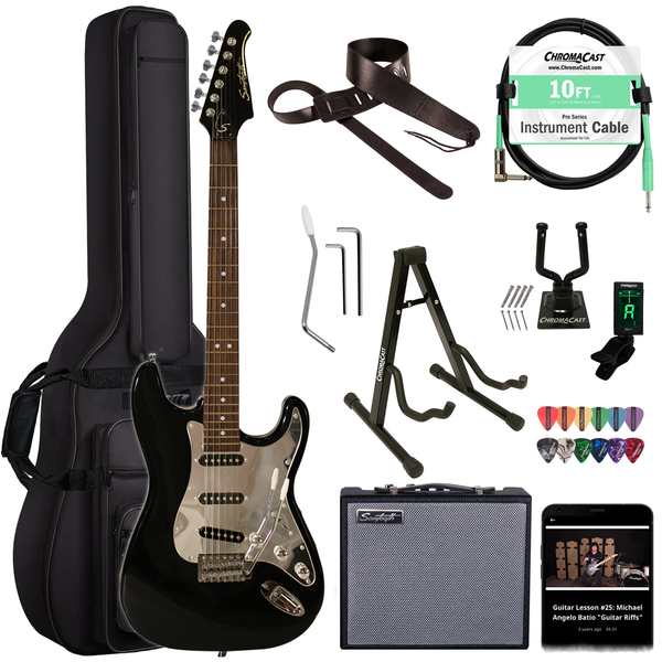 Sawtooth Black ES Series Electric Guitar w/ Chrome Pickguard - Includes: Accessories, Amp & Gig Bag