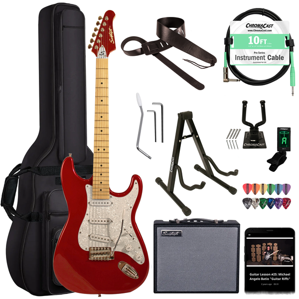 Sawtooth Candy Apple Red ES Series Electric Guitar w/ Pearloid White Pickguard - Includes: Accessories, Amp & Gig Bag