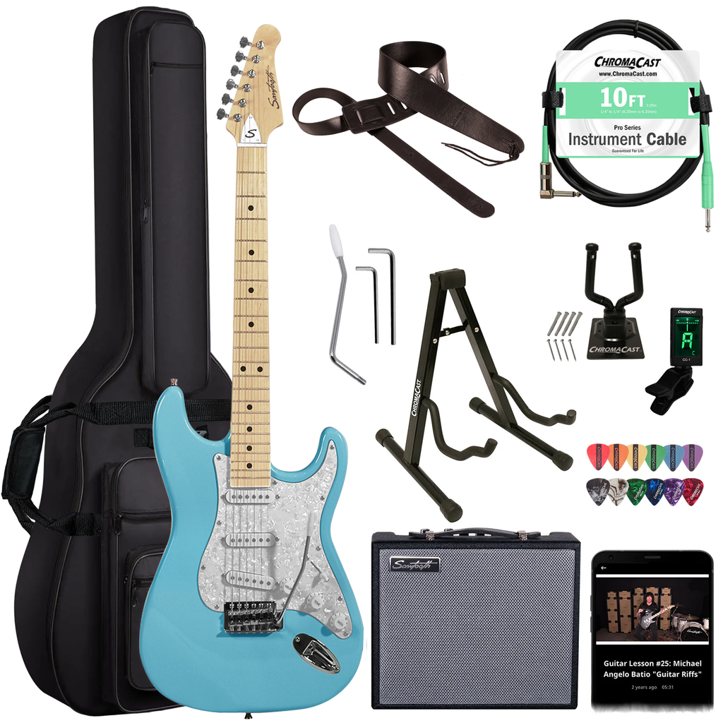 Sawtooth Daphne Blue ES Series Electric Guitar w/ Pearl White Pickguard - Includes: Accessories, Amp & Gig Bag